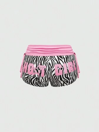 Pantalones cortos de mujer de estilo Y2K de cintura baja y super cortos con estampado de cebra y gráficos en inglés