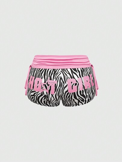 Y2K Style Low Waist Super Short Women's Shorts With Zebra Print & English Letter Graphics