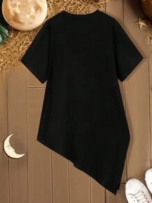 Mulvari Plus Size Women Ramadan Butterfly Print Round Neck Short Sleeve Casual Asymmetric Hem T-Shirt For Summer