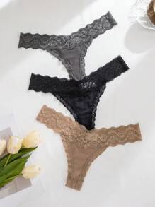 Shein Underwear&Sleepwear Basics 3pcs Set Women Lace Splicing Minimalist Thong Lingerie, Sexy