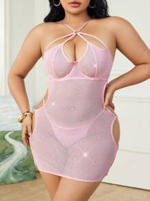 2pcs Plus Size Sexy Mesh Hollow Sequin Lingerie Set For Valentine's Day - Pink - View 1