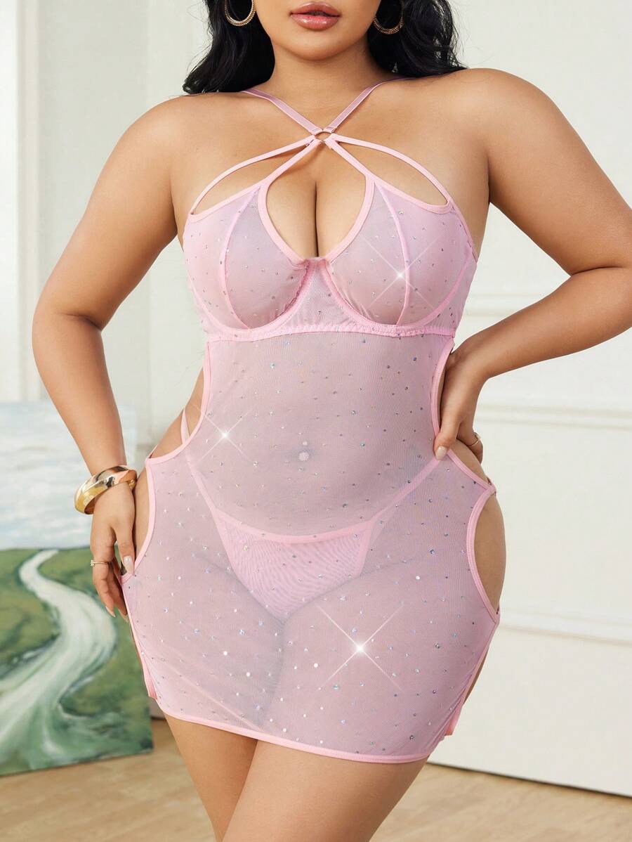 2pcs Plus Size Sexy Mesh Hollow Sequin Lingerie Set For Valentine's Day - Pink - View 1