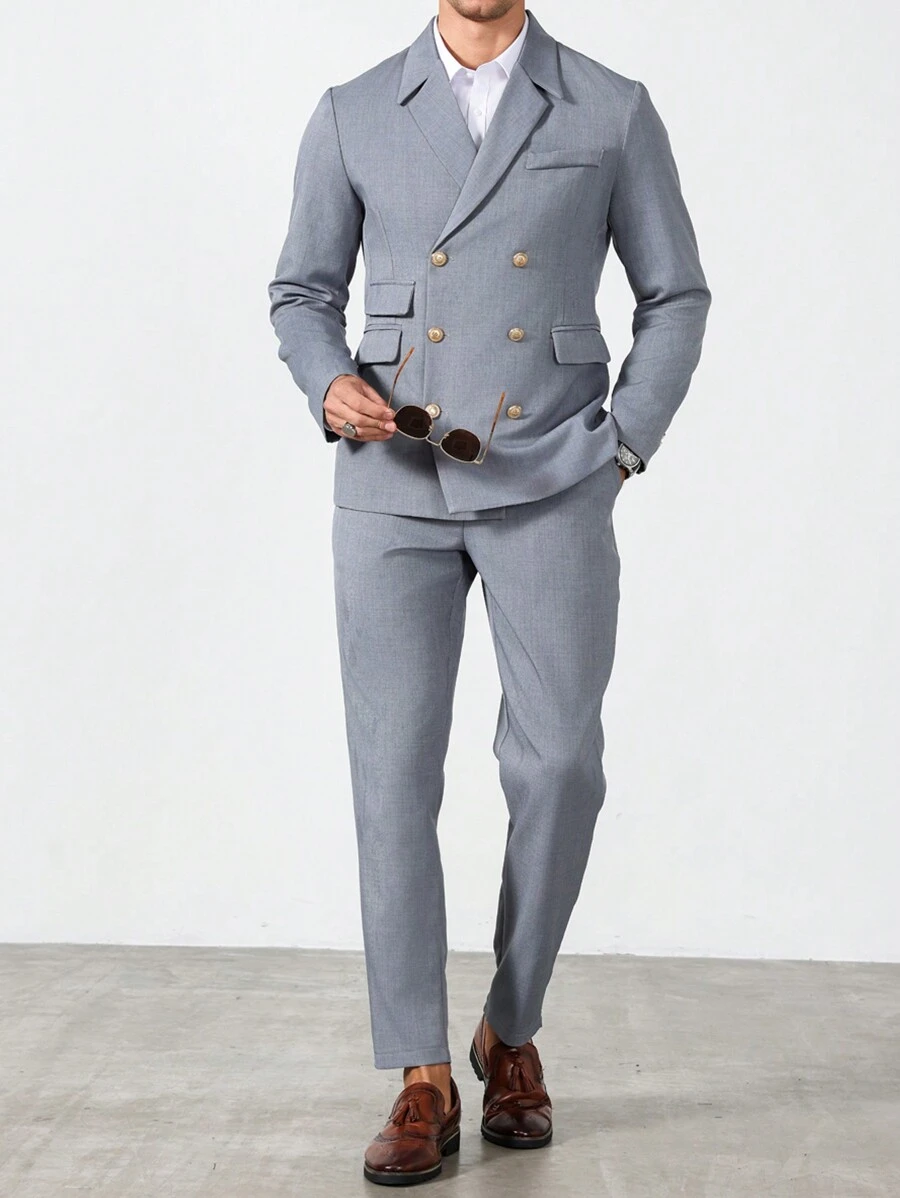 Manfinity Mode 男士纯色纽扣前口袋设计长袖上衣和裤子套装