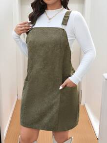 SHEIN LUNE Plus Size Fall And Winter Women Dresses Adjustable Strap Casual Overall Dress With Pockets Fall New Years Women Holiday Party Dress - Green - View 5