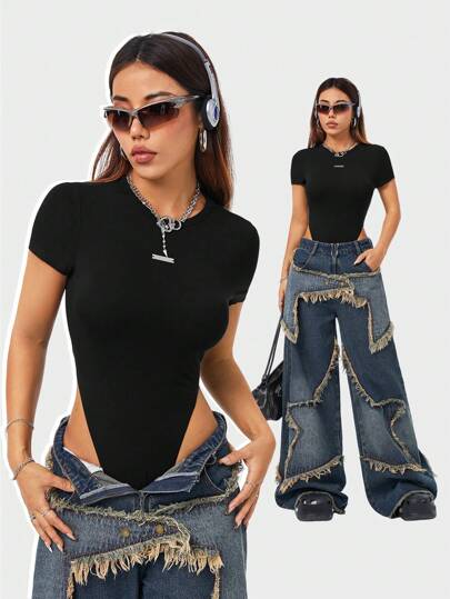 SHEIN x Ludmilla Coolane Body con textura de punto para mujer, estilo urbano otoñal Y2K