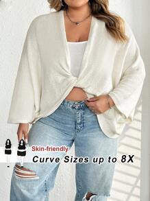 SHEIN CURVE+ Plus Size Women's Cross Deep V-Neck Loose, Elegant And Simple Sweater - White - View 5