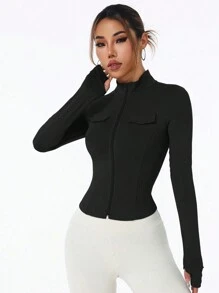 Einfarbige, taillierte Sportjacke für Damen mit Reißverschluss vorne, lange Ärmel