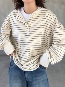 FRIFUL Women's Loose Fit Drop Shoulder Long Sleeve Striped T-Shirt, Autumn