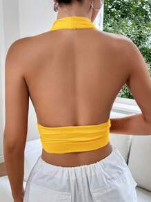 SHEIN EZwear 夏季纯色露背短款吊带上衣 - 芥末黃 - 查看 2