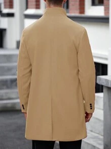 Manfinity Homme 男士休閒純色立領羊毛大衣，秋季 - 卡其色 - 查看 2