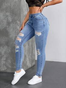 SHEIN Tall 女式口袋细节做旧紧身休闲百搭牛仔裤 - 藍色 - 查看 6