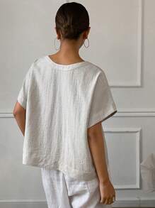 DAZY Women's Casual Linen Blouse With Open Back And Short Sleeves - Grey - View 4