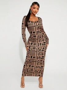 SHEIN SXY Geometric Print Long Sleeve Scoop Neck Figure Flattering Midi Dress, Autumn/Winter Season