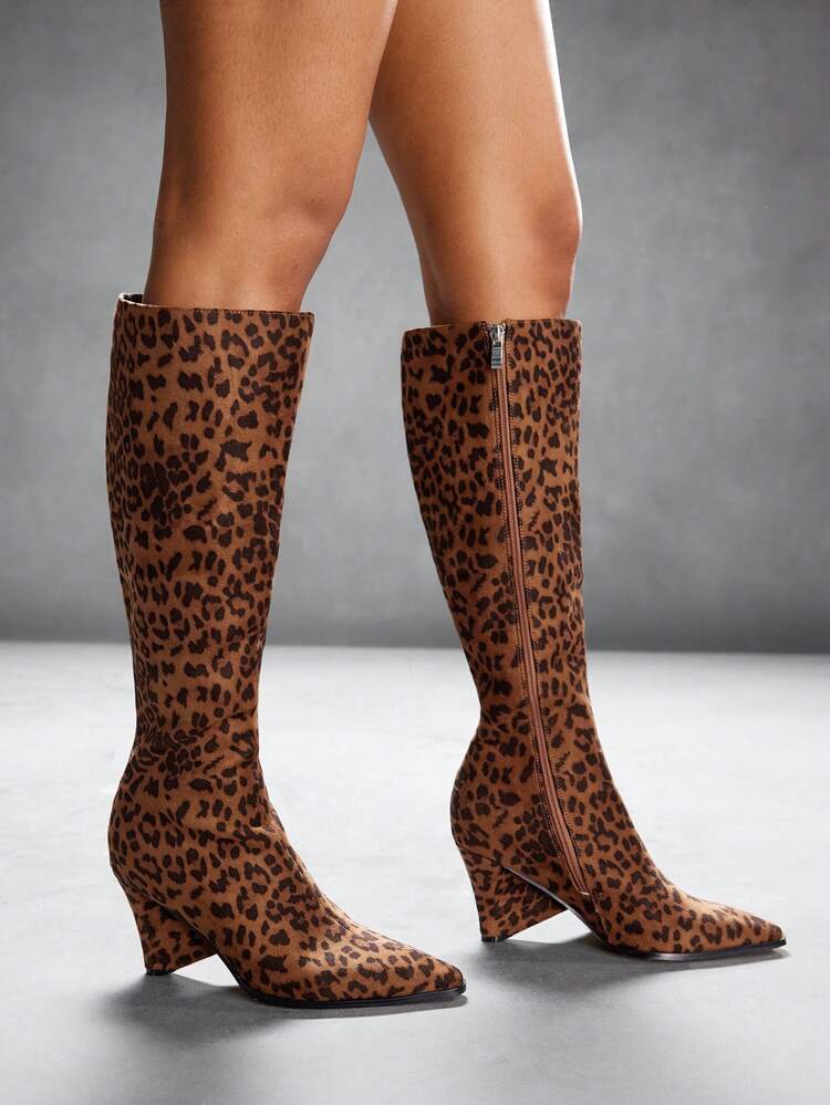 CUCCOO SZL Women's Leopard Print Velvet Pointed Toe Asymmetric Heel Knee High Boots, Elegant Stable Comfortable Versatile, Suitable For Christmas, New Year Party, Date Night, Spring Casual Wear For Christmas And New Year Holiday Vibe Fall And Winter