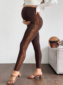 SHEIN Lace Patchwork Maternity Adjustable Waist Fashion Leggings - Brown - View 2