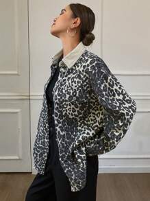 DAZY Women's Autumn Chic Leopard Print Denim Jacket Cheetah Print