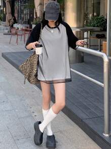 DAZY Women Sheer Mesh Splice Short Sleeve Loose T-Shirt - Black and White - View 2