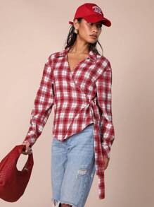 COSMINA 女式休闲格纹系带裹身衬衫，秋季 - 紅白色 - 查看 3