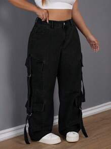 SHEIN SXY Pantalones vaqueros de talle medio y corte holgado con múltiples bolsillos para talla grande - Negro - Ver 3