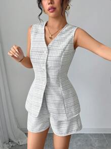 SHEIN Frenchy 2pcs Women Summer White Elegant Office Basic Plaid Jacket And Shorts Set,Sleeveless V-Neck Tweed Back Bow Waist Tops,Autumn Commuter Fashion Check - Black - View 1