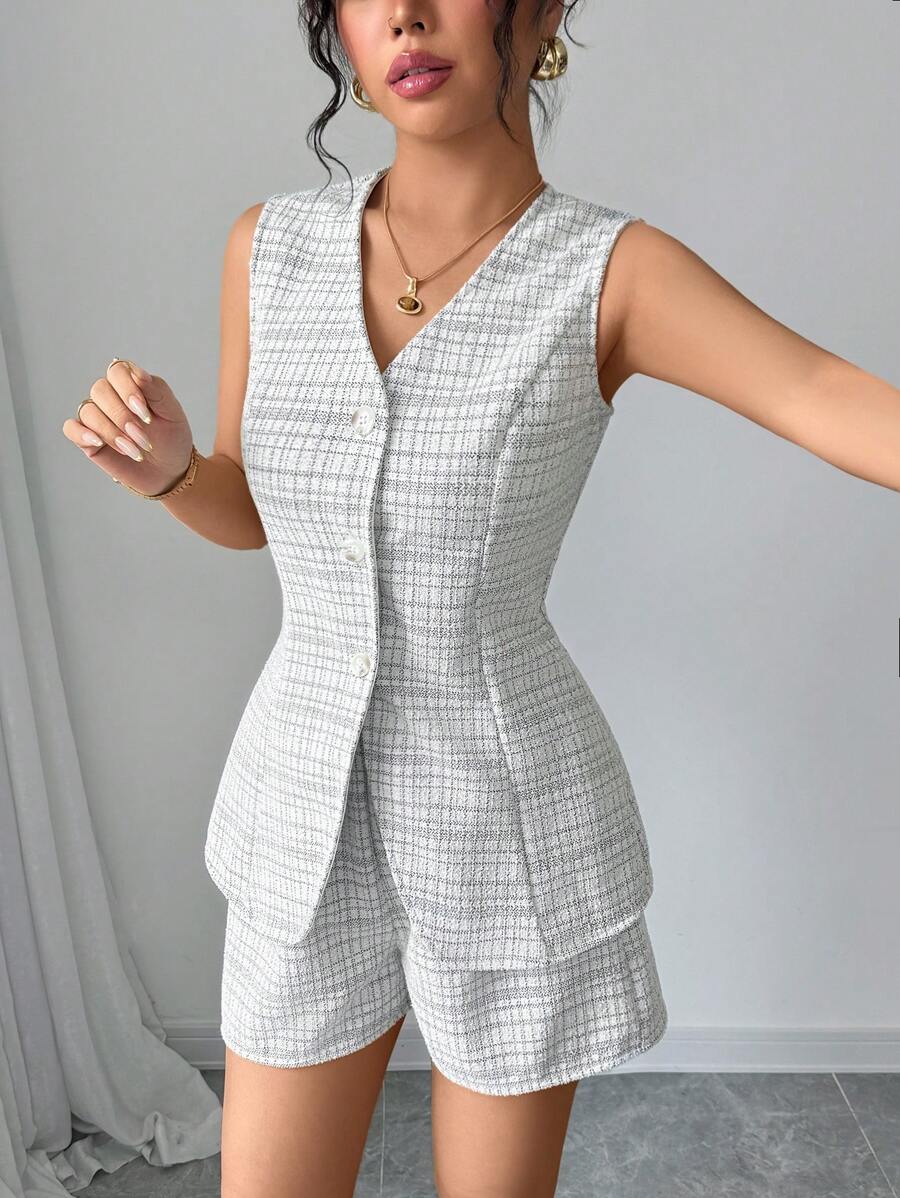 SHEIN Frenchy 2pcs Women Summer White Elegant Office Basic Plaid Jacket And Shorts Set,Sleeveless V-Neck Tweed Back Bow Waist Tops,Autumn Commuter Fashion Check - Black - View 1