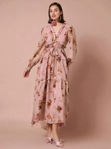 Enchnt Women's Romantic Floral Print Front Tie Ruffle Decoration Lantern Long Sleeve Dress,For Romantic Dinner Dates,Holiday Dresses,Vacation Dresses,Valentine's Day - Pink - View 4