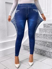 SHEIN Clasi Quần legging in họa tiết denim cỡ lớn cho nữ, màu xanh navy, trang phục thanh lịch hàng ngày & đa năng, mùa xuân - Rửa tối - Xem 1