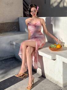 DAZY 女式扎染印花开衩下摆垂坠领无袖中长连衣裙太阳裙