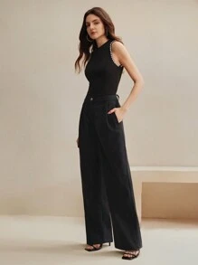 Anewsta Pantalones cargo casuales de mujer, pantalones rectos de alta calidad con cintura elástica y pliegues