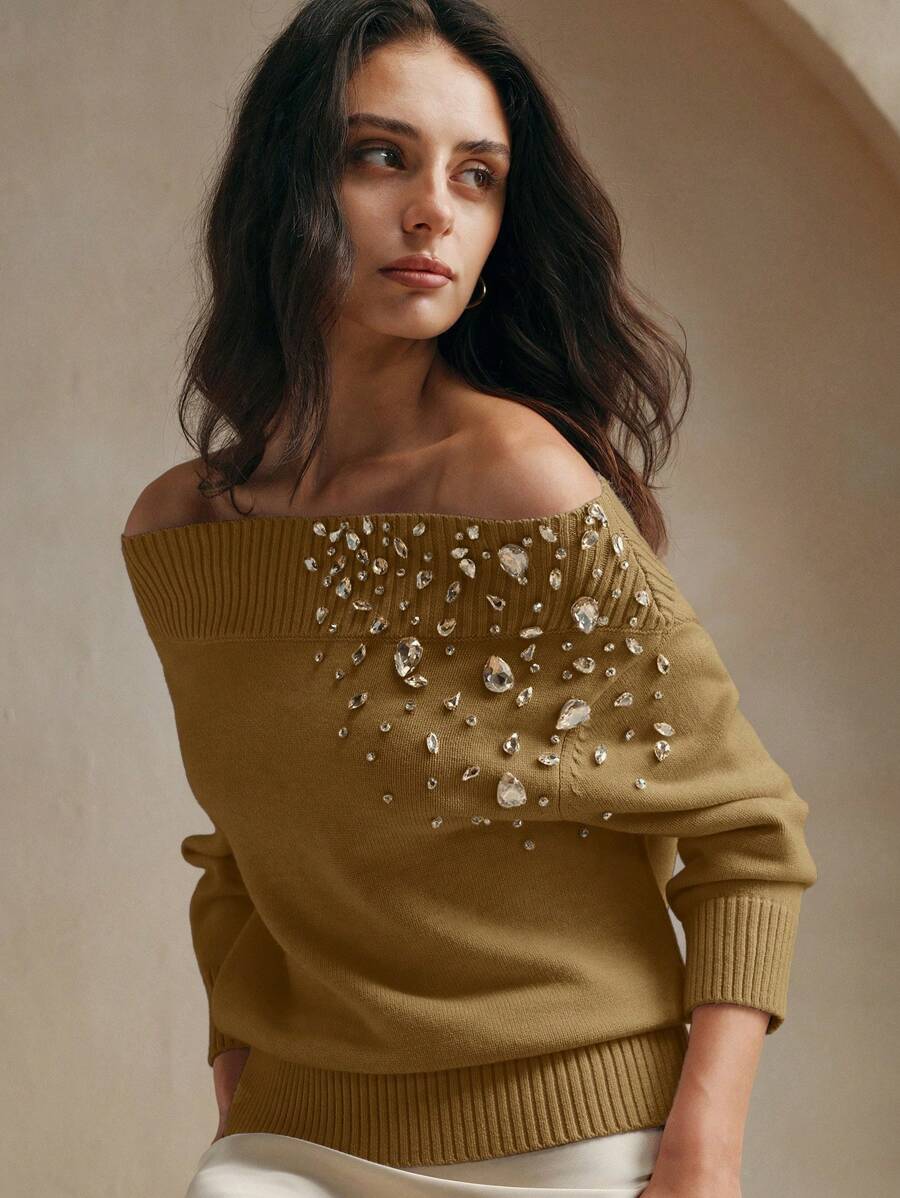 Anewsta Elegant Off Shoulder Rhinestone Studded Sweater, Women For New Year Knit Pullover Fall Winter Sweater - Khaki - View 1