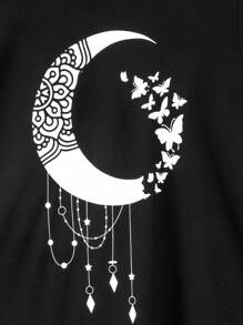 Mulvari Plus Size Women Ramadan Butterfly Print Round Neck Short Sleeve Casual Asymmetric Hem T-Shirt For Summer