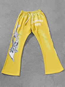 PAVTROS Manfinity Streetrush Street Style Men's Flame Print Flare Leg Sweatpants,Manfinity EMRG Y2k Men's Gothic Drawstring Waist Printed Sports Pants