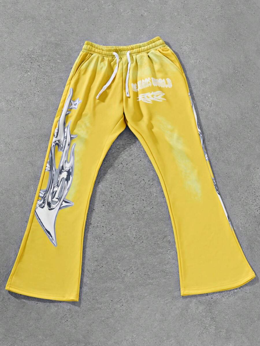 PAVTROS Manfinity Streetrush Street Style Men's Flame Print Flare Leg Sweatpants,Manfinity EMRG Y2k Men's Gothic Drawstring Waist Printed Sports Pants