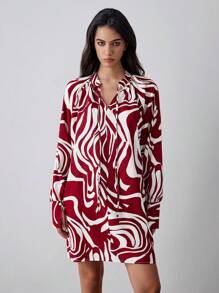 Chiquease Women's Oversized Lace-Up Casual Dress, French Retro Printed Long Sleeve Slimming Dress, Autumn New Fashion, Red Color Fall Cloth For Women