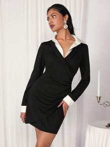 COSMINA Women's Black Ruched Fake Collar Mini Dress, Autumn/Winter - Black - View 1