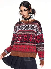 ROMWE Avant Women's Retro Subculture Y2K Fairycore Totem Intarsia Pullover Sweater - Multicolor - View 5