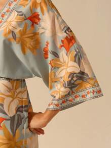 CAJUNI Women's Bohemian Tropical Floral Print Deep V-Neck Tie-Waist Batwing Sleeve Smock Mini Dress, Casual Beach Holiday Dress