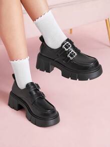 CUCCOO DOLLMOD Women's Black Round Toe Thick Sole 6cm Chunky Heel Double Strap Metal Buckle Design Daily Fashion Versatile Mary Jane PU Flats For Christmas And New Year Holiday Vibe Fall And Winter - Black - View 2