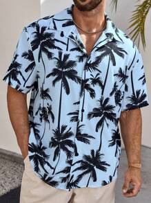 Manfinity RSRT Men's Casual Palm Tree Print Short Sleeve Single Breasted Shirt