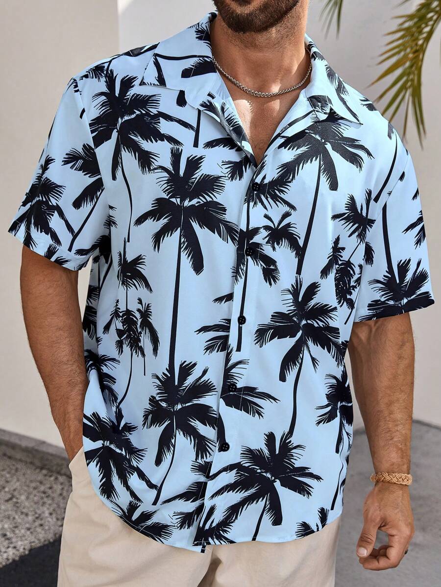 Manfinity RSRT Men's Casual Palm Tree Print Short Sleeve Single Breasted Shirt