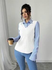 Elenzga Women's Casual Contrasting Striped Long Sleeve Pullover Top, Autumn - White - View 3