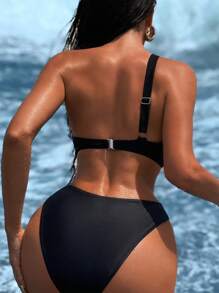 1pc Women's Sexy One-Piece Swimsuit With Asymmetric Shoulder, Hollow Metal Decor, Summer