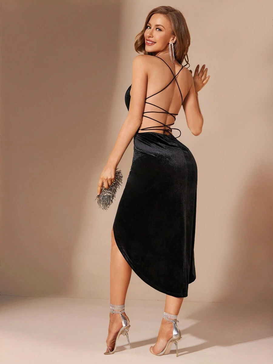 SHEIN BAE Lace Up Backless Wrap Hem Velvet Cami Dress - Black - View 1