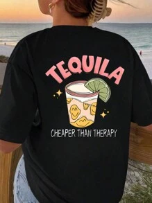 Calvaya Plus Size Women's Summer Slogan & Drink Printed Round Neck Short Sleeve Casual T-Shirt TEQUILA CHEAPER THAN Graphic Tees Women Tops - Black - View 2