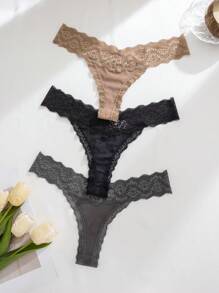 Shein Underwear&Sleepwear Basics 3pcs Set Women Lace Splicing Minimalist Thong Lingerie, Sexy