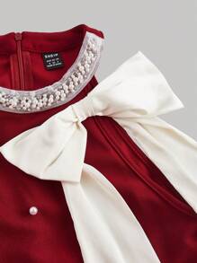 SHEIN MOD Robe noire mini pour femme avec nœud blanc et décoration de perles, robe courte d'hiver, robe de soirée, robe de fête, robe du Nouvel An