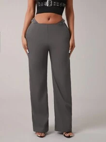 SHEIN SXY 女士灰色纯色通勤休闲/办公装/老款风格/时尚出游/秋冬保暖羊毛斜纹直筒裤/冬季女裤；秋季女装；办公装女士；新款直筒低腰休闲个性侧腰双扣装饰西装裤