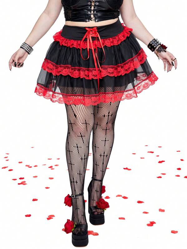 Whyspr Goth Punk Plus Size Women Lace Patchwork Flouncing Hem Skirt, Spring/Summer Goth Women Outfit,Valentine
