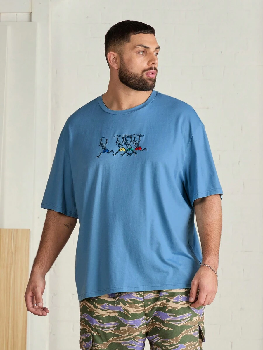 Manfinity VCAY Plus Size Men's Loose Casual Knitted Short Sleeve Round Neck T-Shirt - Blue - View 1