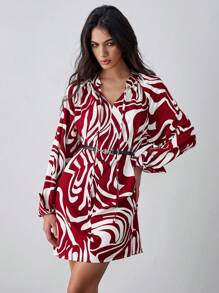 Chiquease Women's Oversized Lace-Up Casual Dress, French Retro Printed Long Sleeve Slimming Dress, Autumn New Fashion, Red Color Fall Cloth For Women